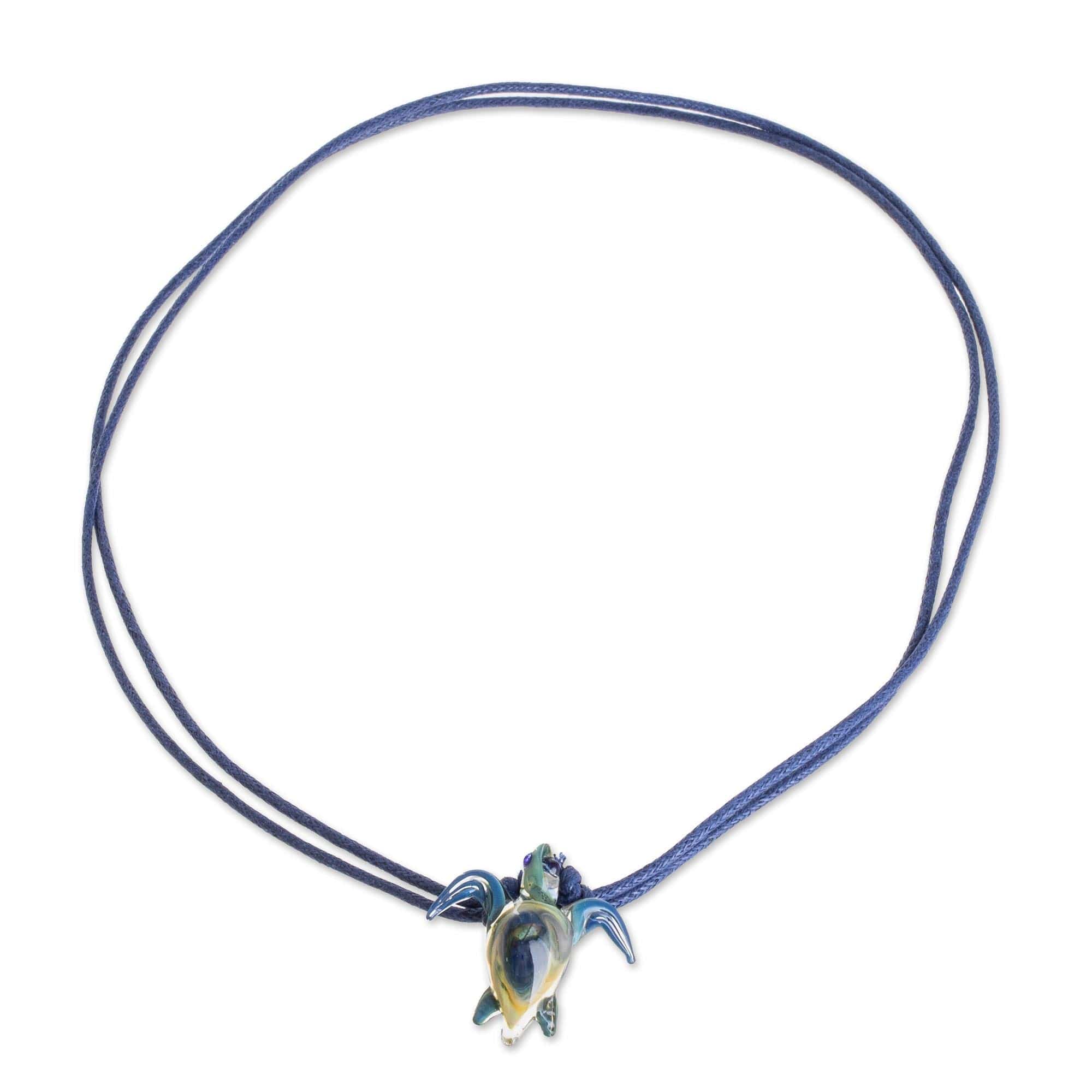 Blue and Yellow Art Glass Sea Turtle Pendant Necklace - In the Lagoon