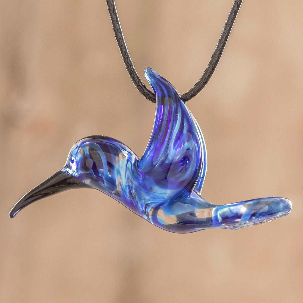 Blue Hummingbird Art Glass Necklace - Hummingbird's Flight