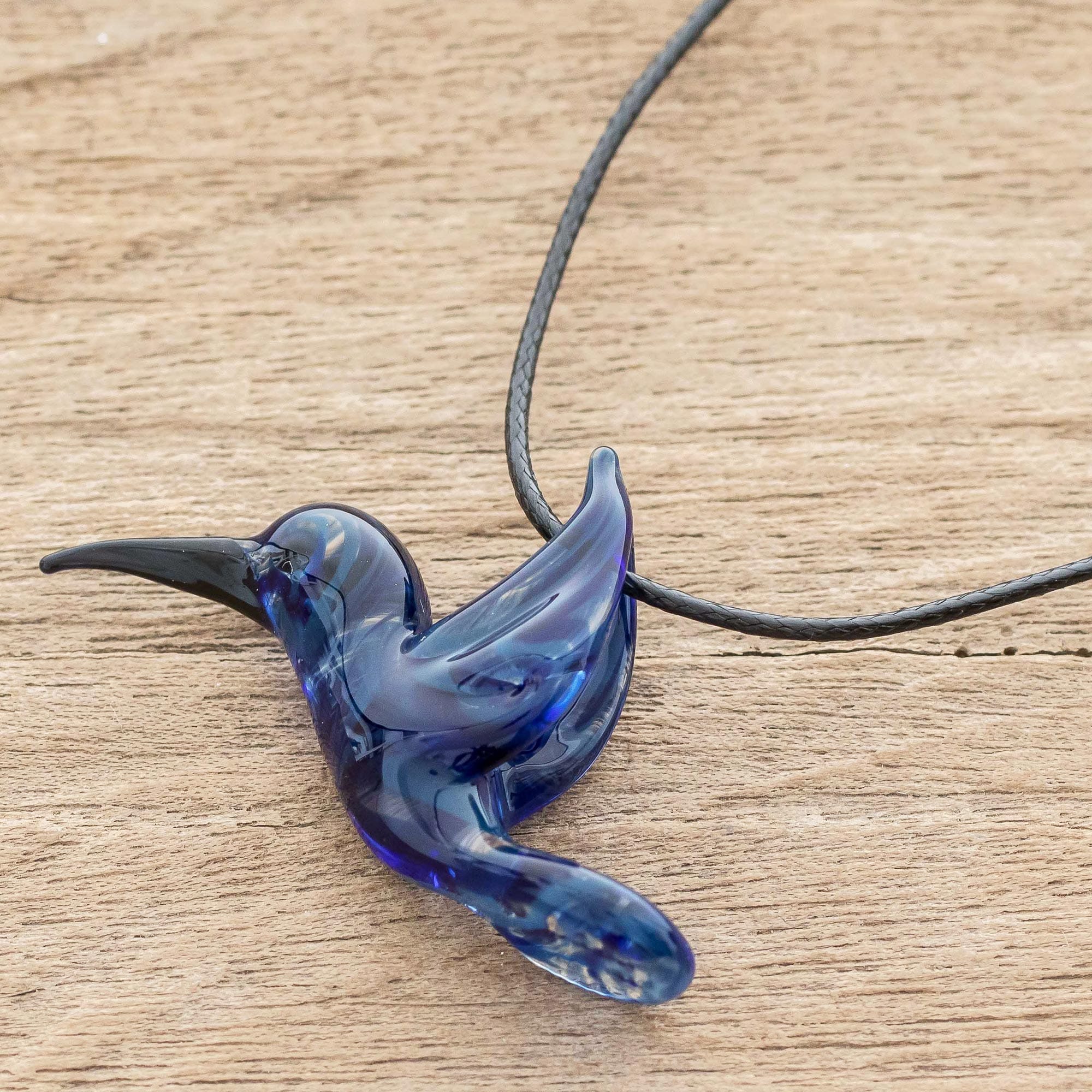 Blue Hummingbird Art Glass Necklace - Hummingbird's Flight