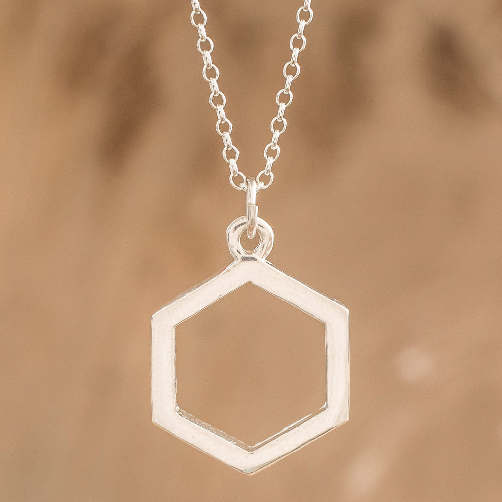 Sterling Silver Hexagon Pendant Necklace from Costa Rica - Hexagon