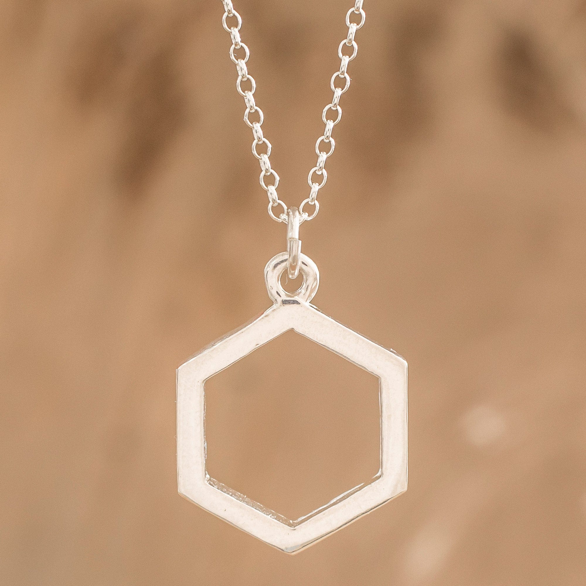 Sterling Silver Hexagon Pendant Necklace from Costa Rica - Hexagon