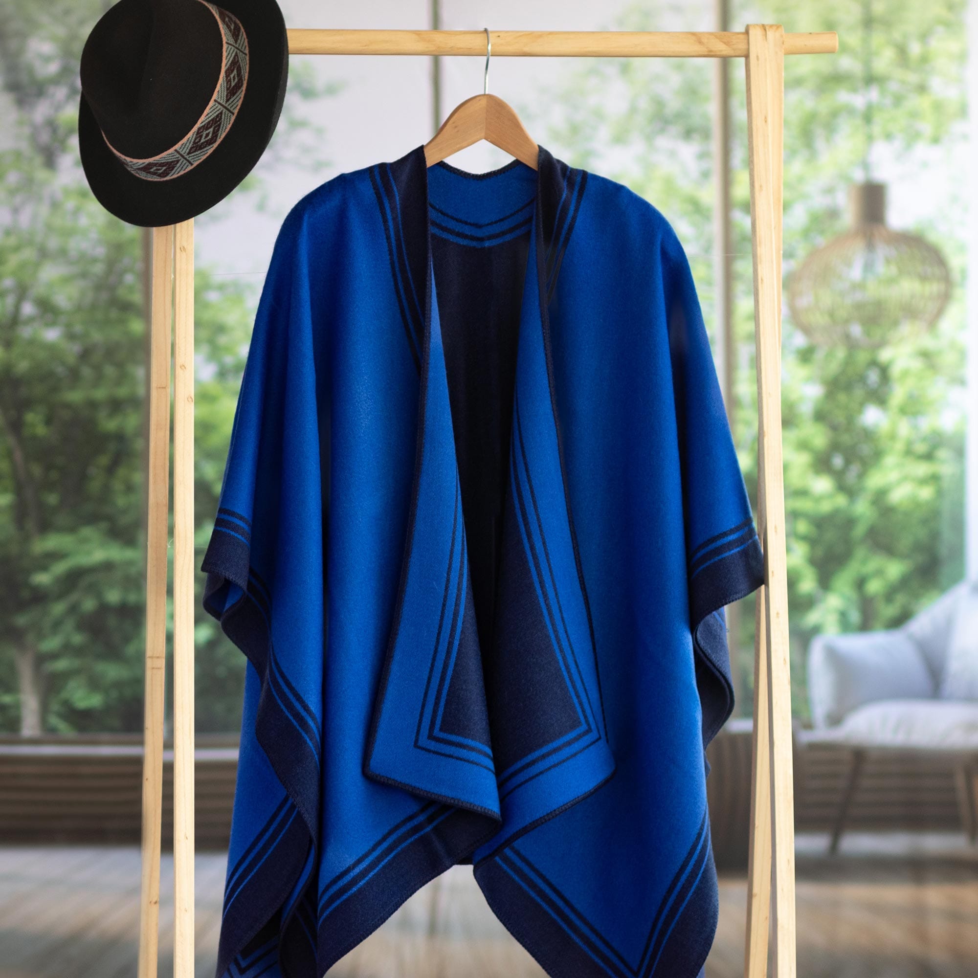 Reversible Alpaca Blend Ruana in Navy and Iris - Delightful Fantasy in Iris