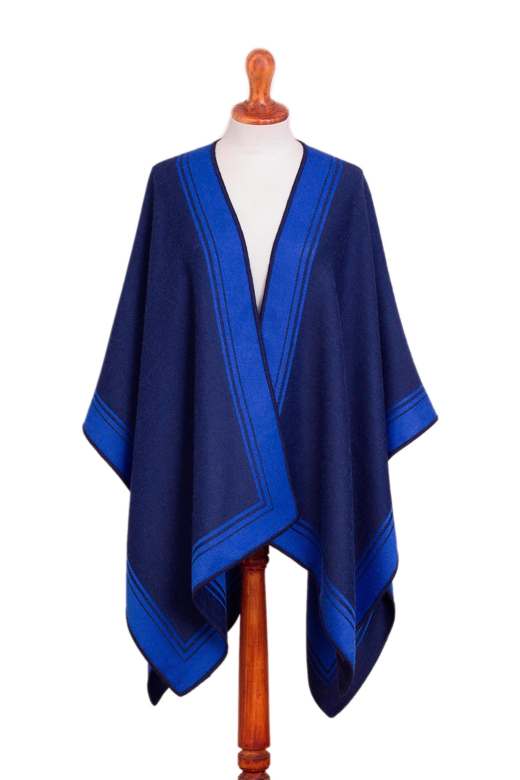 Reversible Alpaca Blend Ruana in Navy and Iris - Delightful Fantasy in Iris
