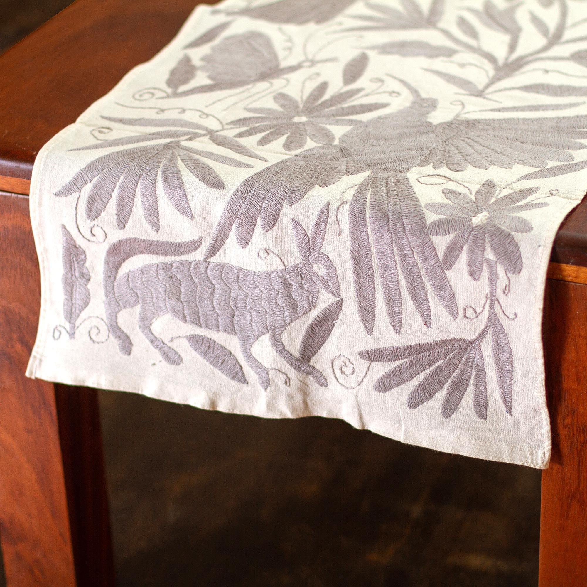 Cotton Table Runner With Grey Tenango Embroidery - Hidalgo Highlands in Grey