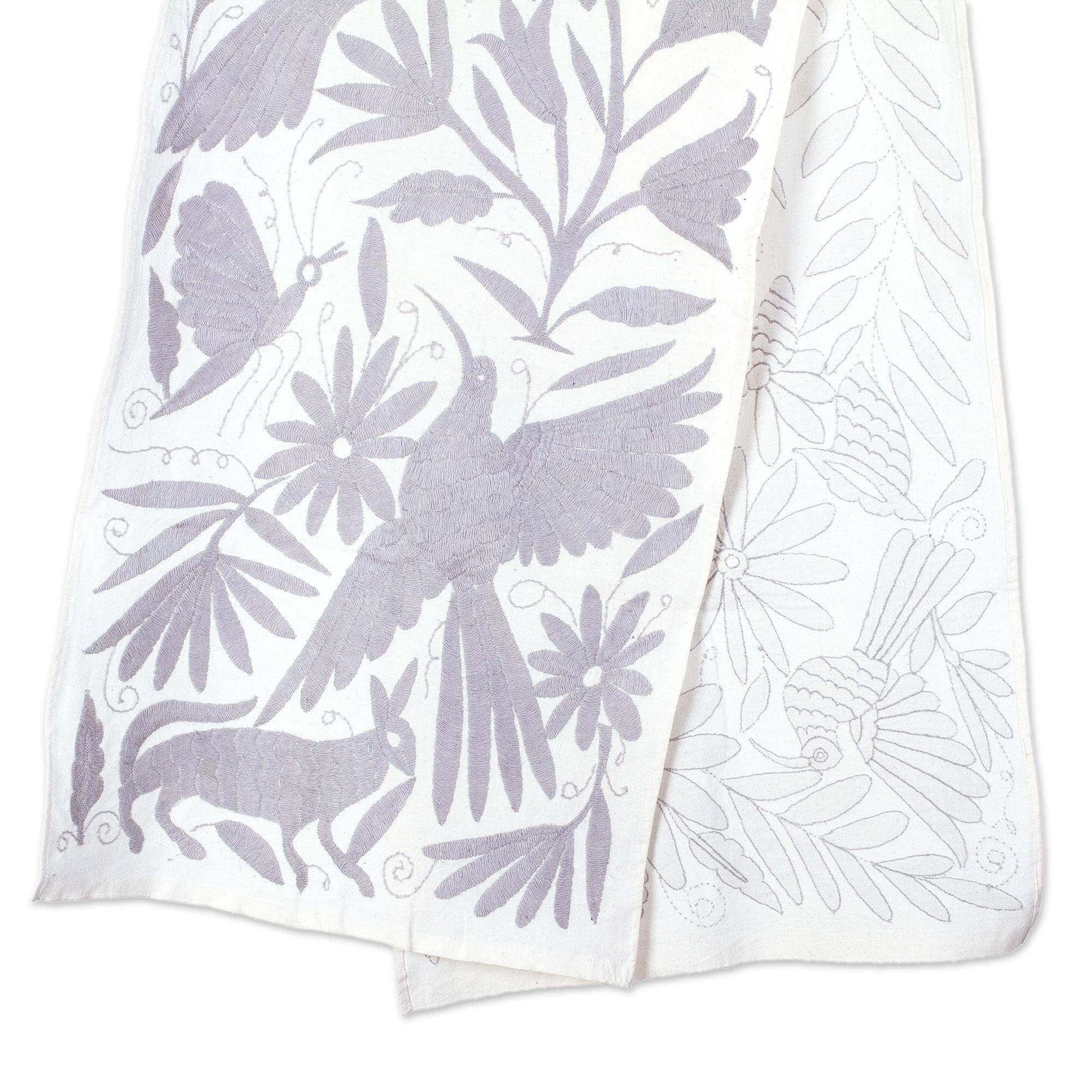 Cotton Table Runner With Grey Tenango Embroidery - Hidalgo Highlands in Grey
