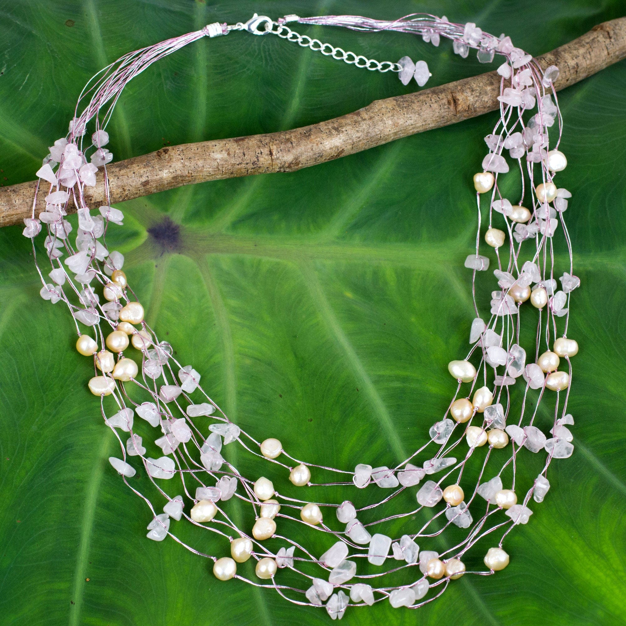 Unique Pearl and Rose Quartz Beaded Necklace - Cascade