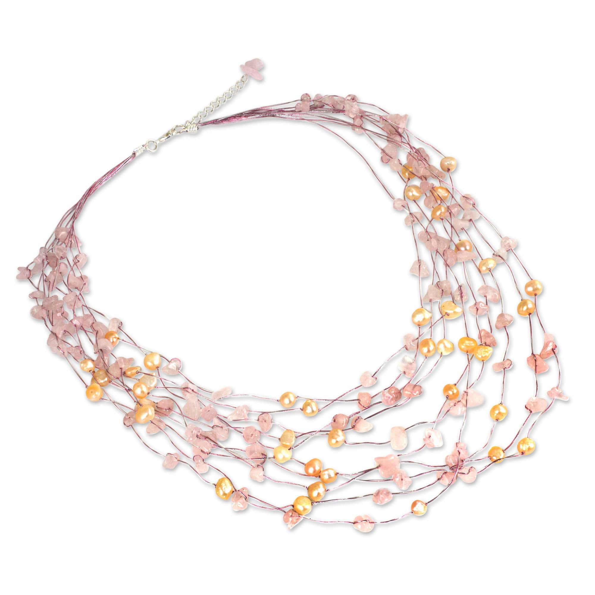 Unique Pearl and Rose Quartz Beaded Necklace - Cascade