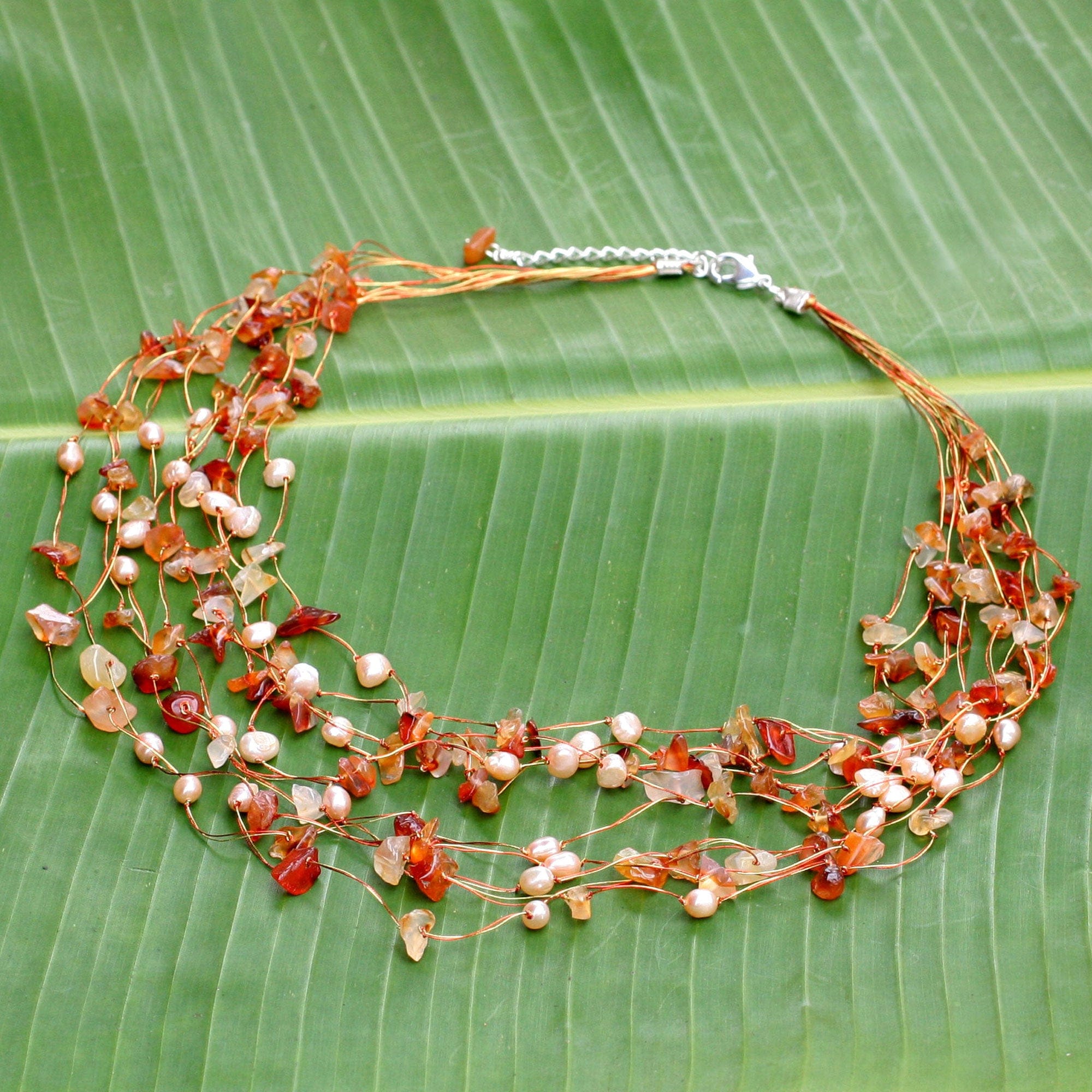Beaded Pearl and Carnelian Necklace - Warm Shower