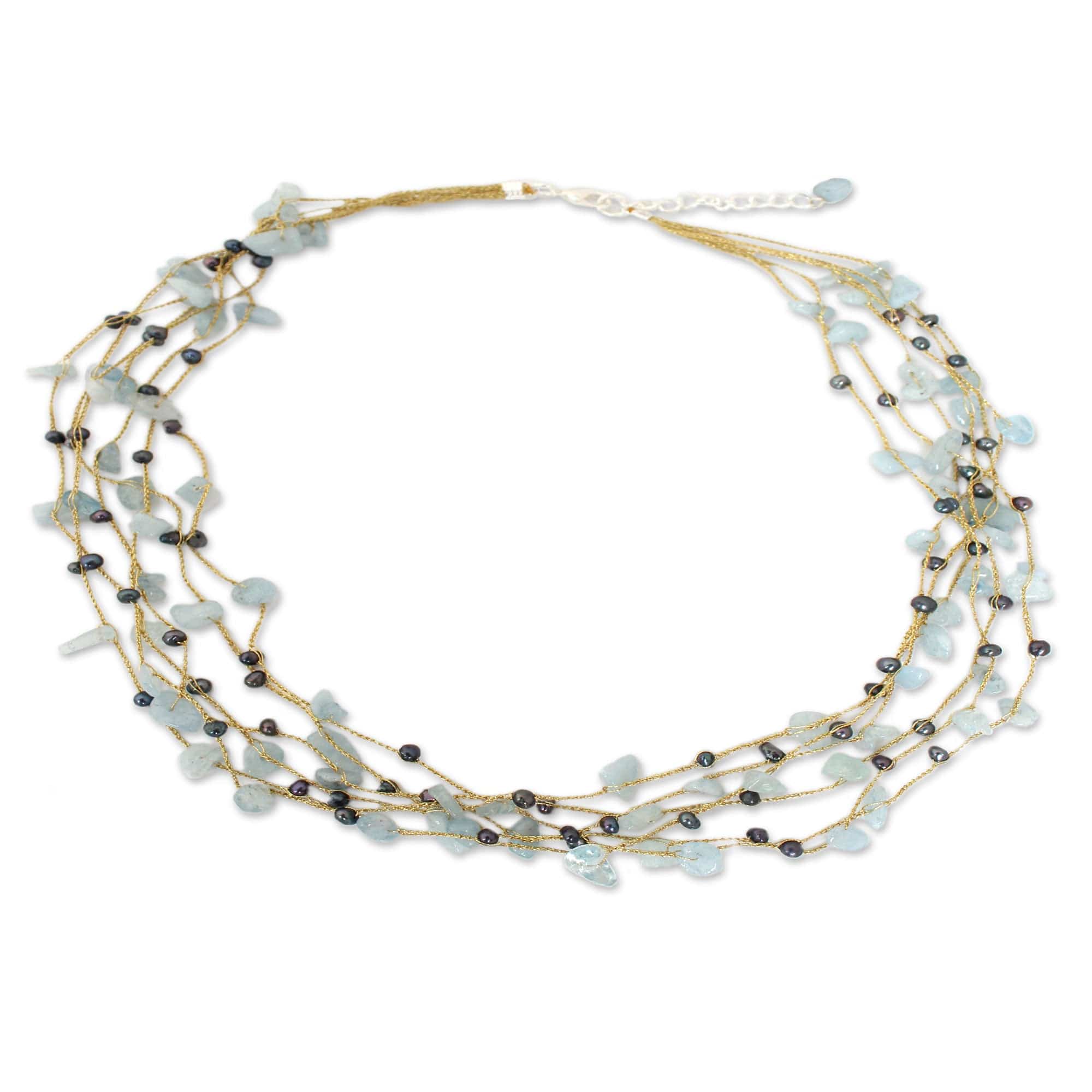 Hand Made Thai Beaded Pearl and Aquamarine Necklace - Afternoon Sigh