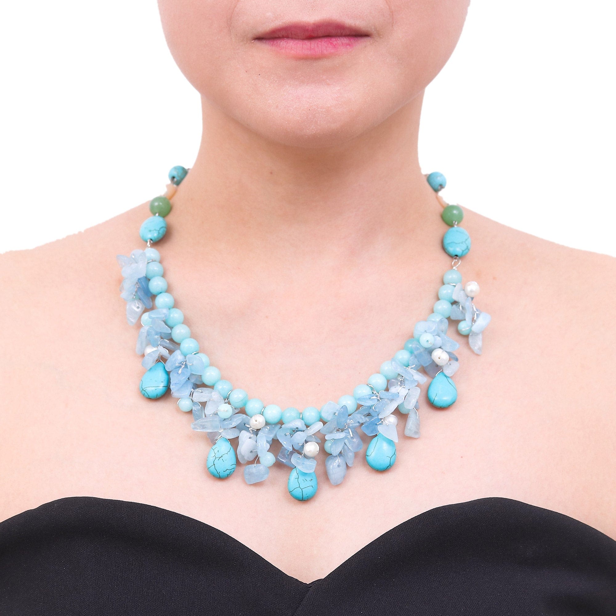 Artisan Crafted Pearl Aquamarine Blue Calcite Necklace - Cool Beauty