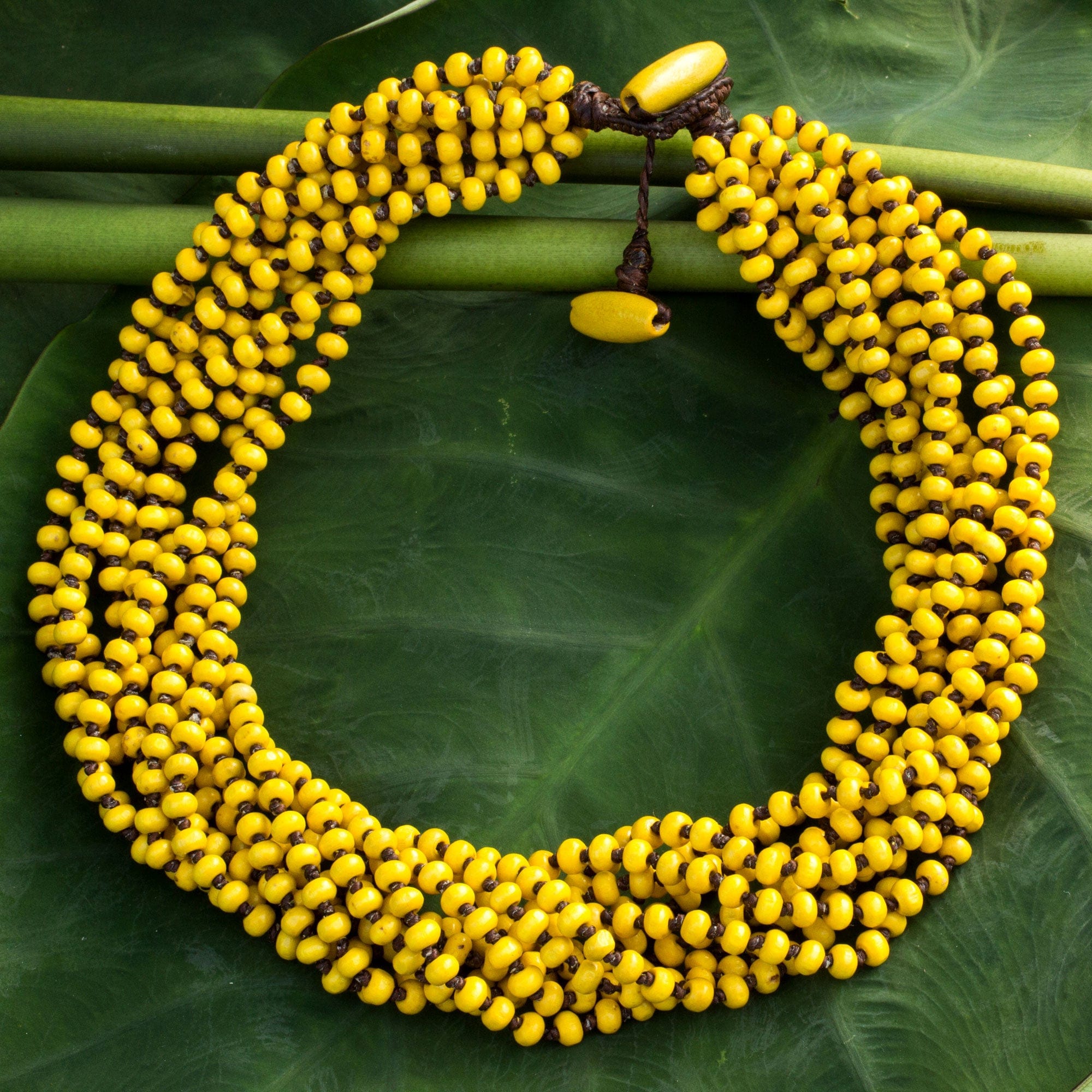 Wood Beaded Jewelry Yellow Torsade Necklace - Phrae Belle